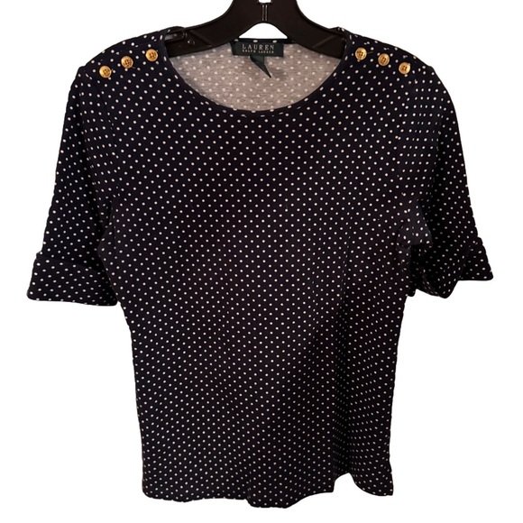 LAUREN RALPH LAUREN Women's Top Size M Blue Polka Dots Cuff Sleeve Gold Buttons - Picture 1 of 10